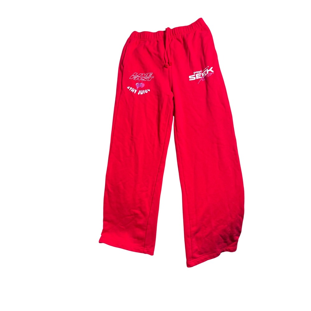 Poppi‎ World Red Sweatpants Live Fast Stay Juicy Graphic Print Drawstring Size S